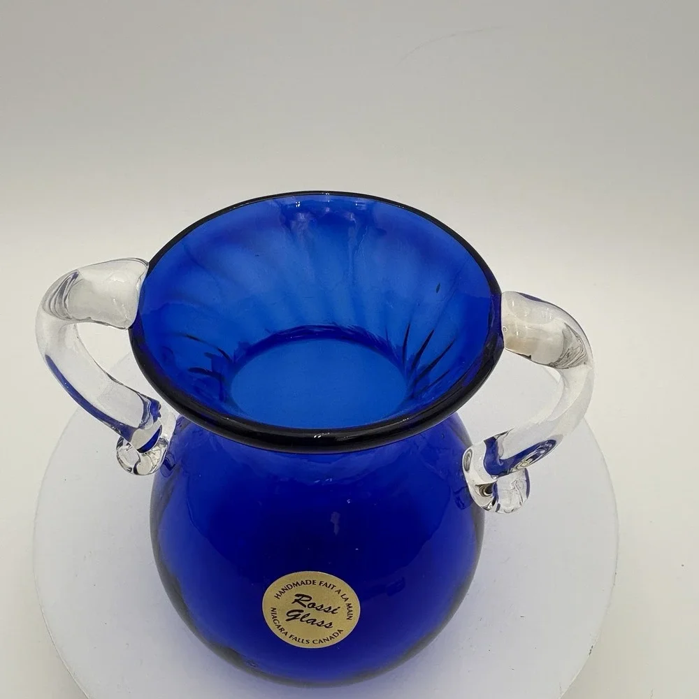 Rossi Glass  Art Glass Blue Pitcher Applied Double Handle‎ Niagara Falls VTG